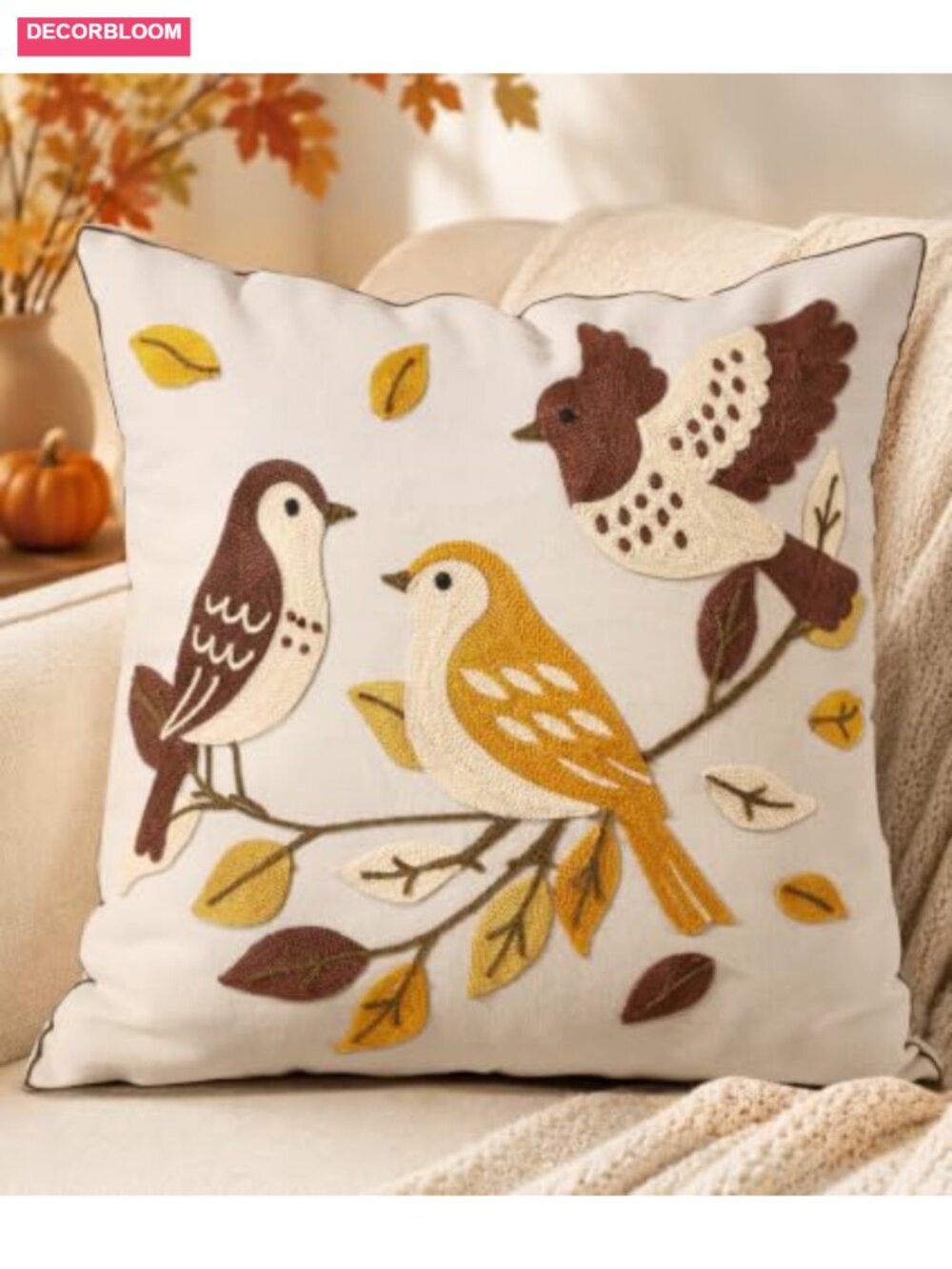 Embroidered Bird Canvas Throw Pillow Cover 18x18, Autumn Leaf